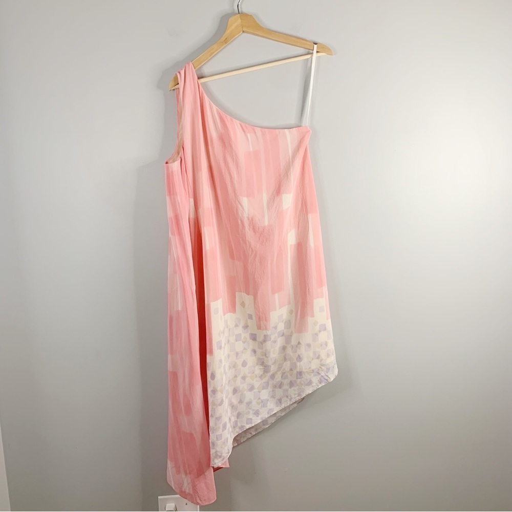 Anthropologie Maeve Avalonne Pink One Shoulder Asymmetric Silk Pink Mini Dress 8